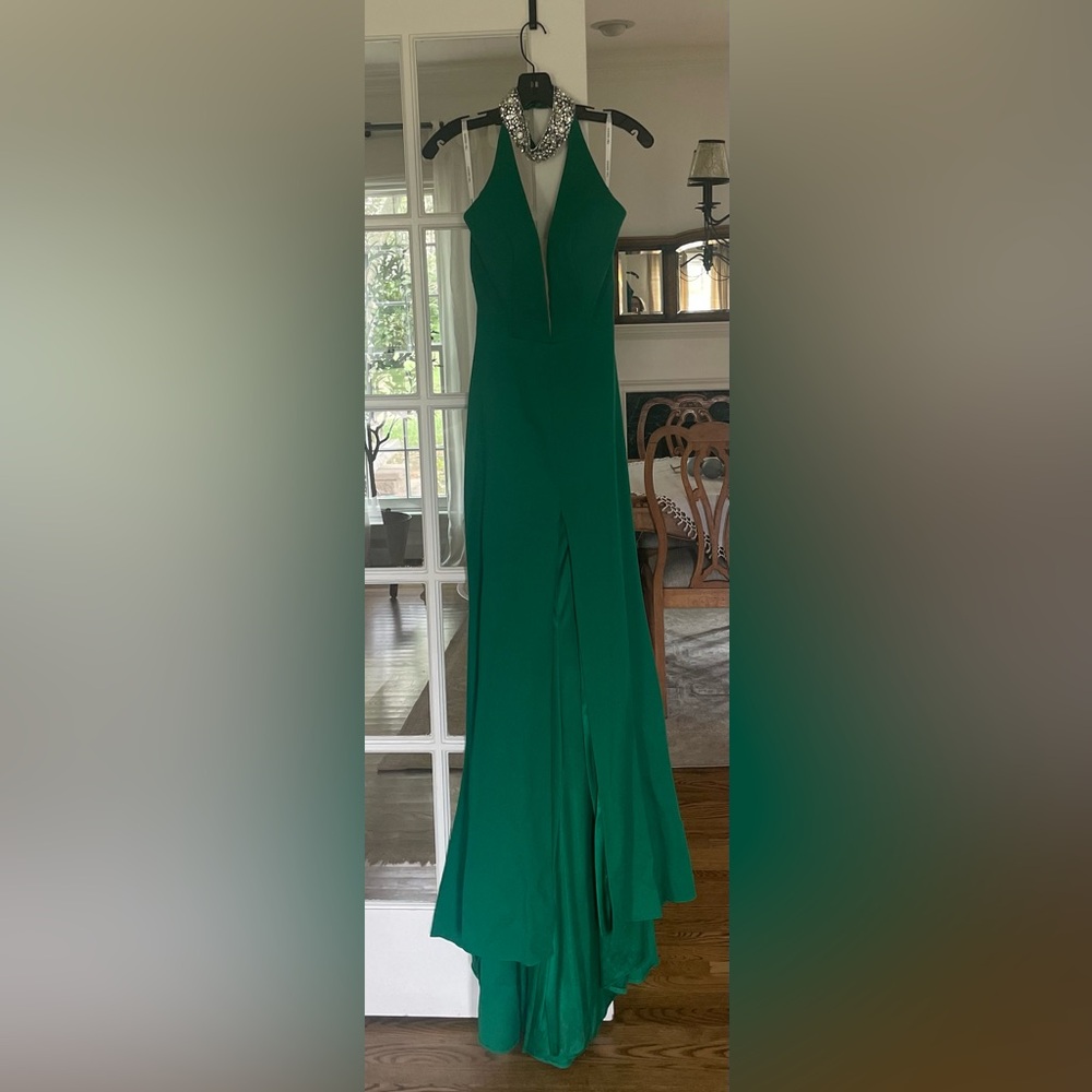 Sherri Hill deep V halter style green gown with beaded collar